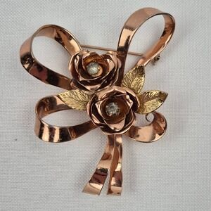 Vtg Coro Rose Gold Tone Rose Flower Ribbon‎ Bow Brooch Pin 2.25" Rhinestone